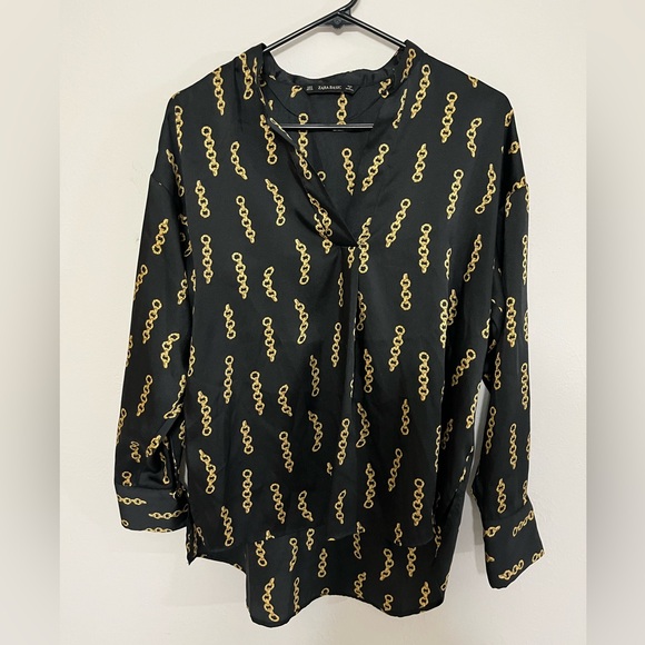 Zara Tops - Zara Black Blouse with Gold Chain Pattern